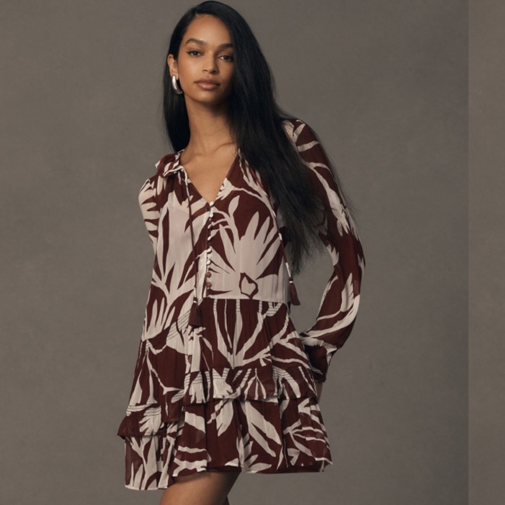 Anthropologie Marais Printed Chiffon Mini Dress XS Ruffle Tiered V-Neck Boho